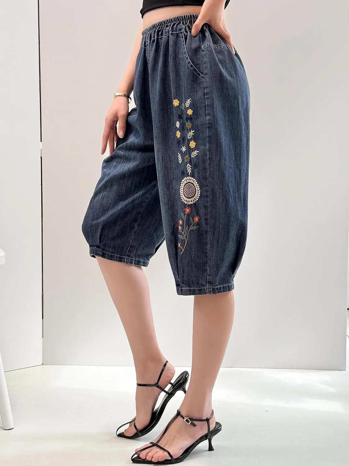Women's Summer Denim Shorts Bermuda Jean Shorts Drawstring Leg Knee Length Denim Shorts with Pocket
