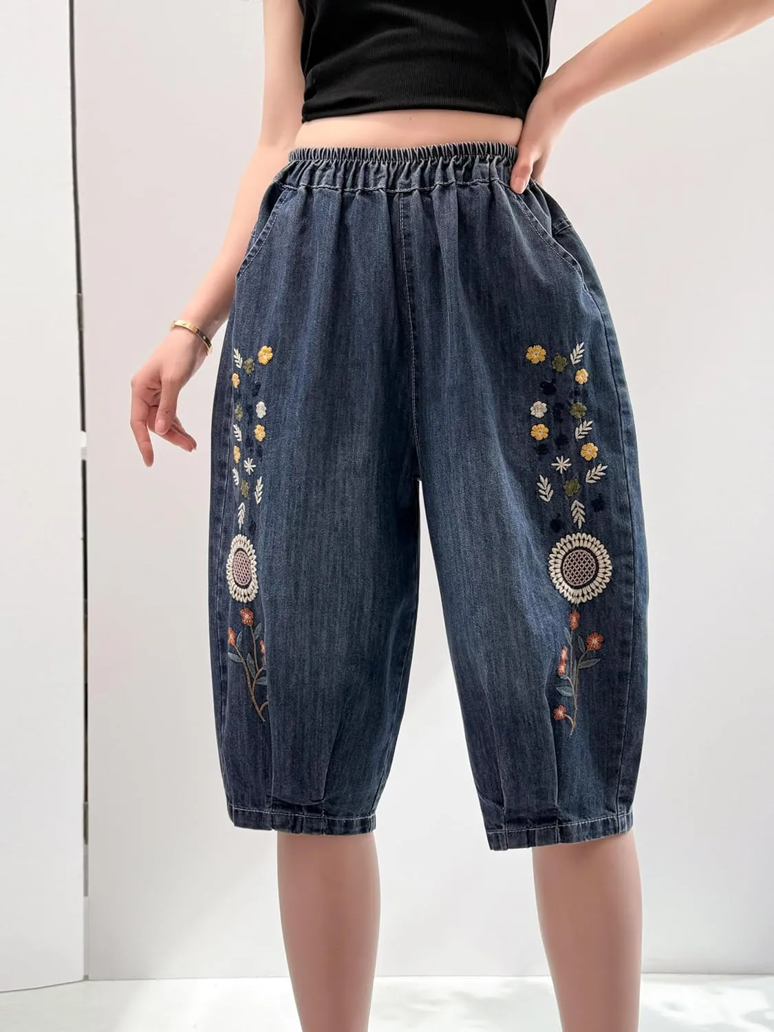 Women's Summer Denim Shorts Bermuda Jean Shorts Drawstring Leg Knee Length Denim Shorts with Pocket