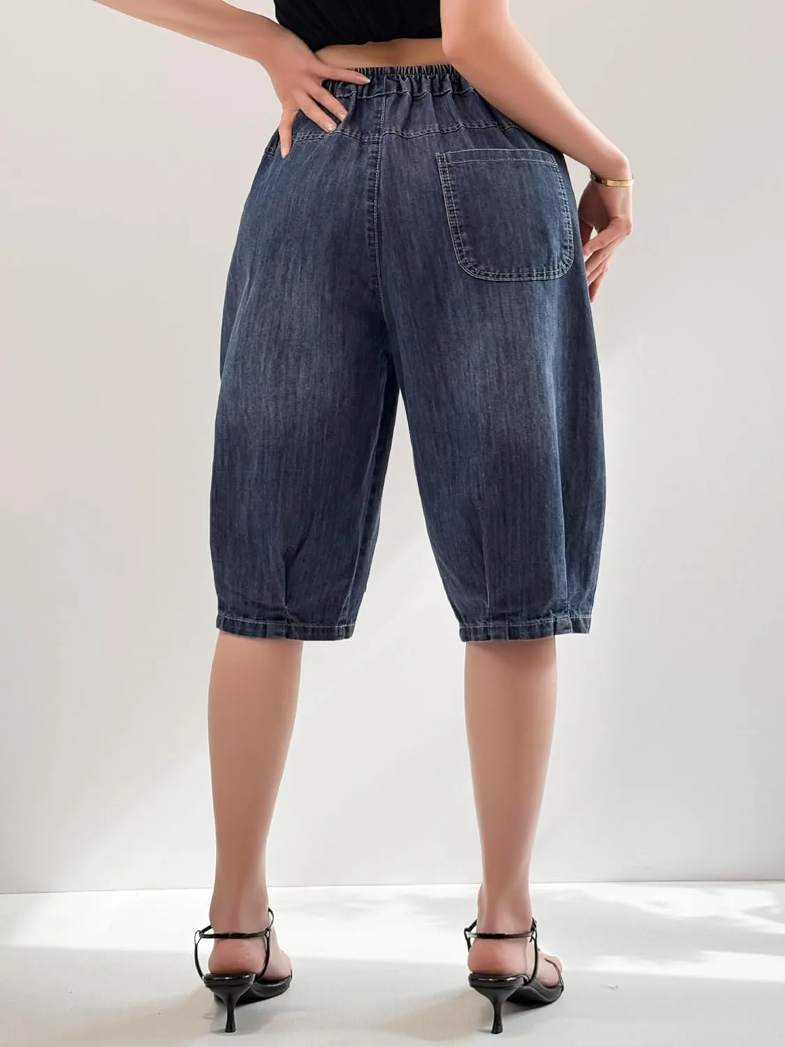 Women's Summer Denim Shorts Bermuda Jean Shorts Drawstring Leg Knee Length Denim Shorts with Pocket