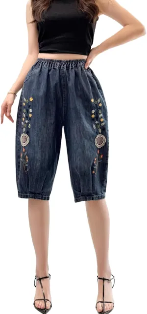 Women's Summer Denim Shorts Bermuda Jean Shorts Drawstring Leg Knee Length Denim Shorts with Pocket