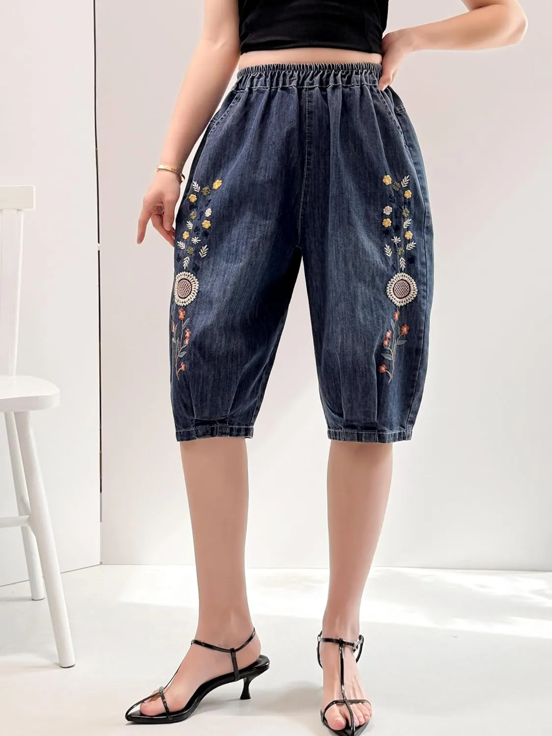 Women's Summer Denim Shorts Bermuda Jean Shorts Drawstring Leg Knee Length Denim Shorts with Pocket