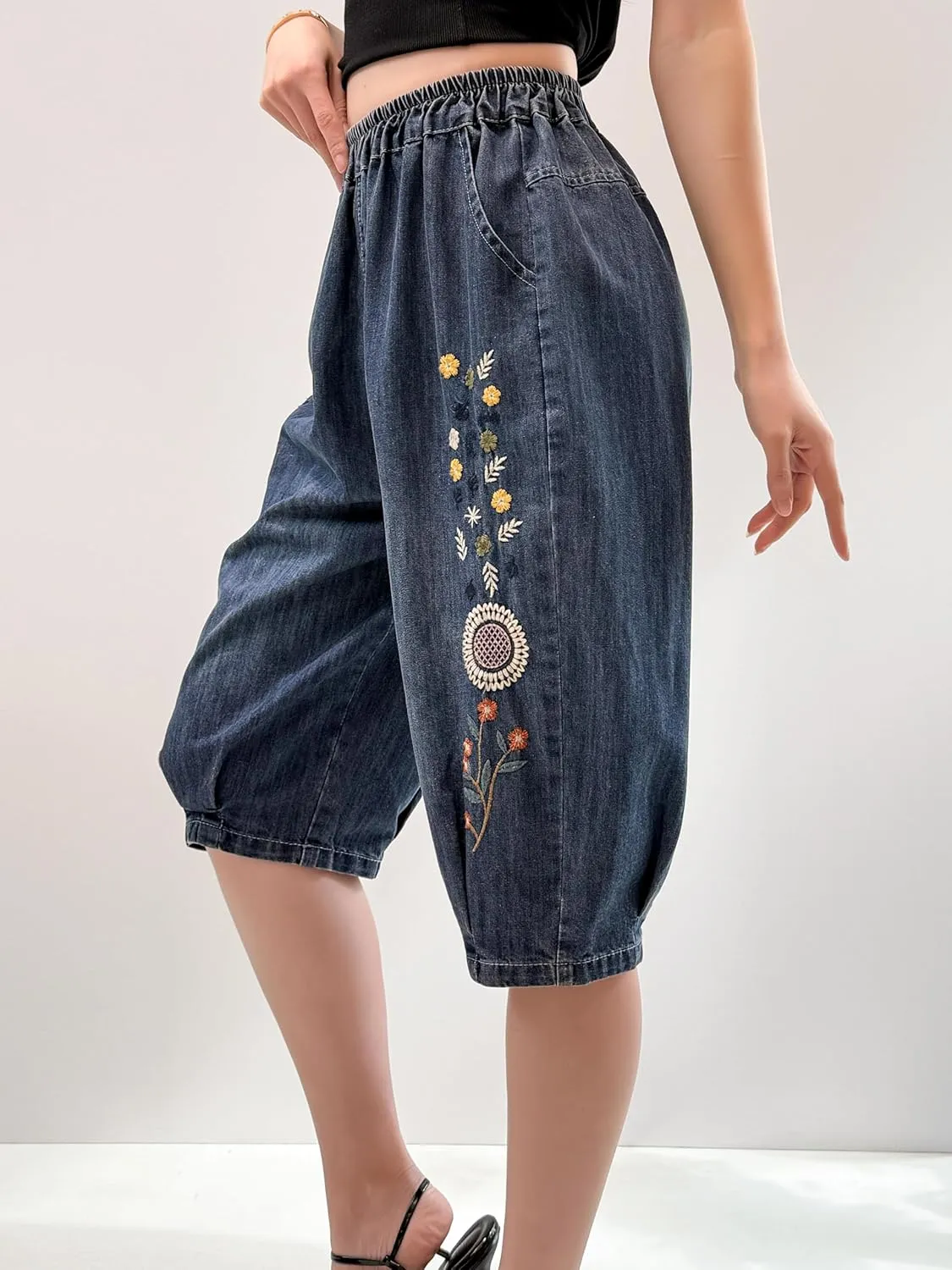 Women's Summer Denim Shorts Bermuda Jean Shorts Drawstring Leg Knee Length Denim Shorts with Pocket