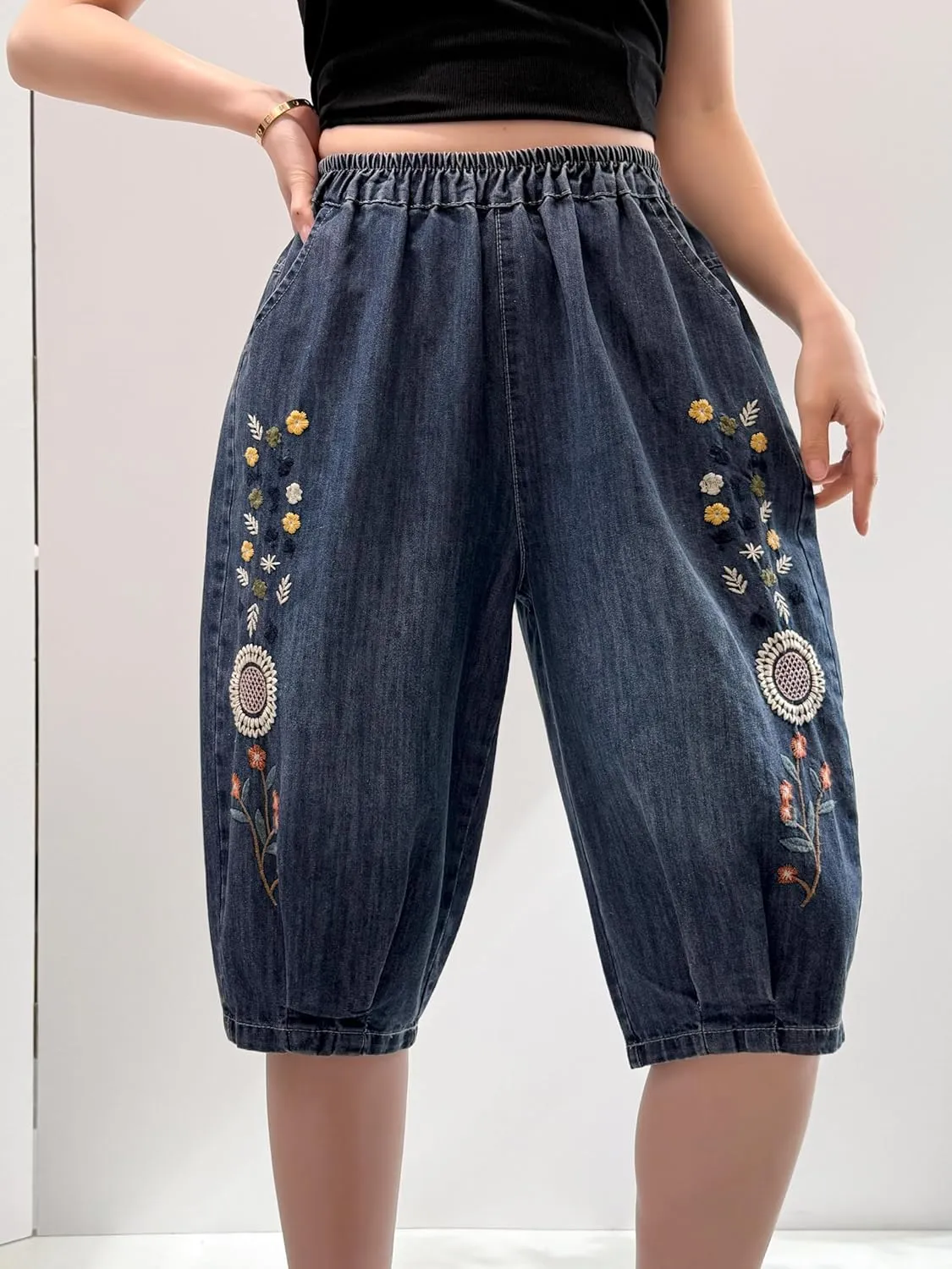 Women's Summer Denim Shorts Bermuda Jean Shorts Drawstring Leg Knee Length Denim Shorts with Pocket