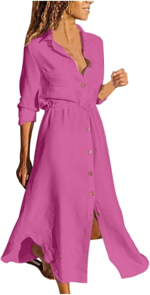 Womens Sun Dresses Sleeve Dresses Sun Dresses for Women Turtle Neck Linen Floral Midi Boho Shirt Sun Dresses