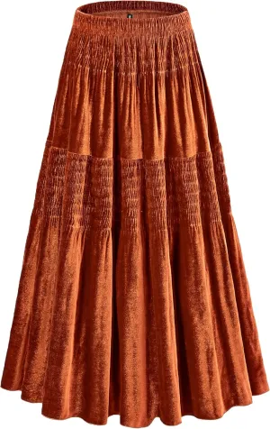 Women's Velvet Pleated Midi Skirt Elastic High Waist Fall Winter Tiered A-Line Party Long Skirts