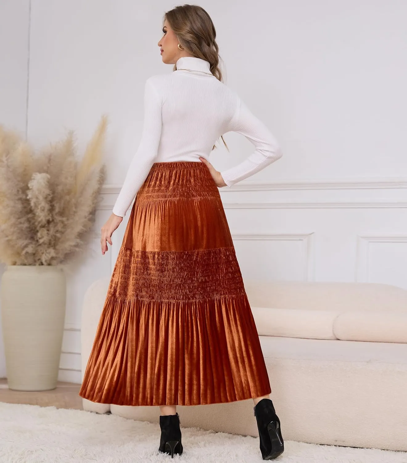 Women's Velvet Pleated Midi Skirt Elastic High Waist Fall Winter Tiered A-Line Party Long Skirts