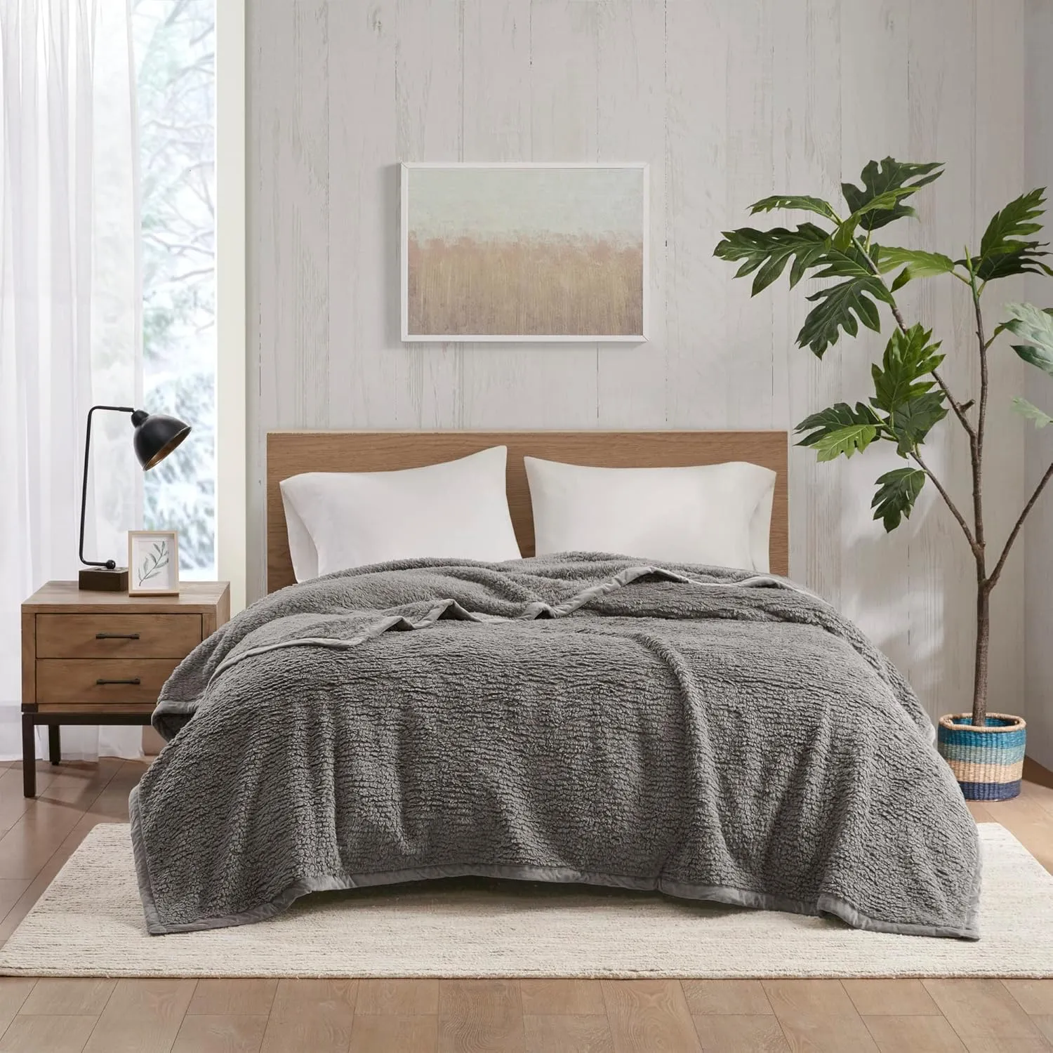 Woolrich Burlington Berber Blanket Super Soft, Cozy Lightweight Cover with Luxrurious Velvet Binding, Modern Trendy All Season Bedspread Bedding-Set, Full/Queen: 90x90, Grey