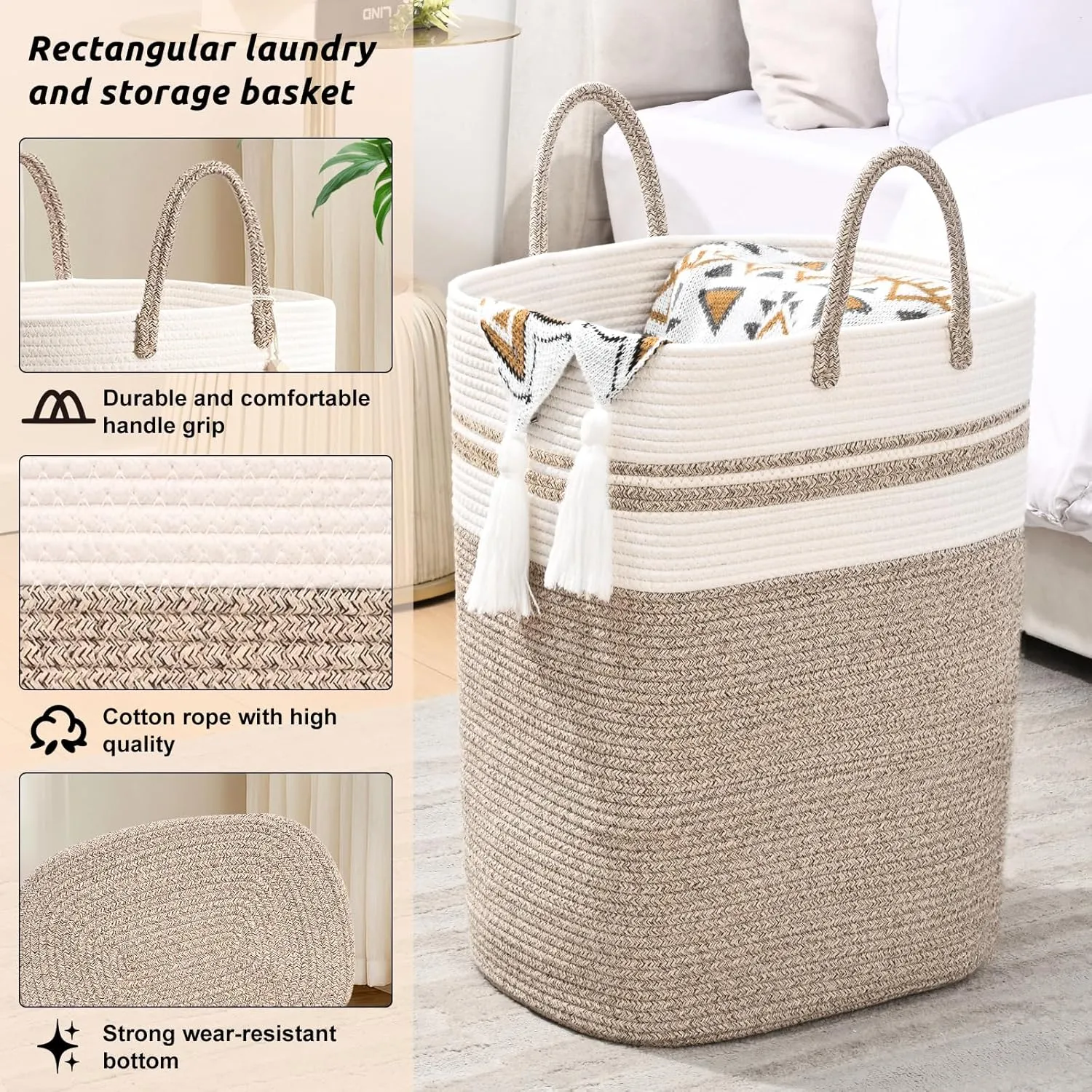 Woven Laundry Basket for Clothes, 65L Large Rectangle Laundry Hampers, Nursery Storage Basket for Toys, Tall Dirty Clothes Hamper for Bedroom Aesthetic, Bathroom, Laundry Room