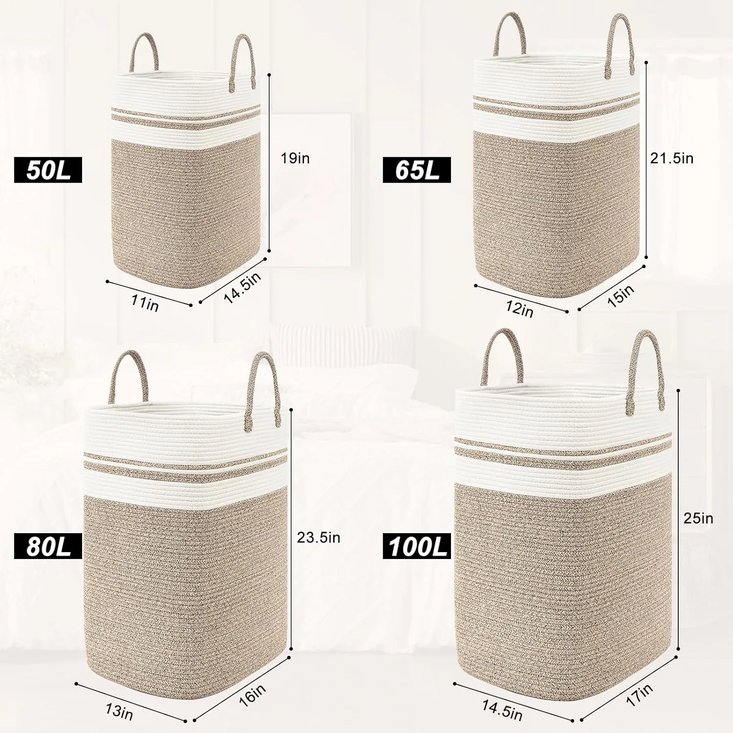 Woven Laundry Basket for Clothes, 65L Large Rectangle Laundry Hampers, Nursery Storage Basket for Toys, Tall Dirty Clothes Hamper for Bedroom Aesthetic, Bathroom, Laundry Room