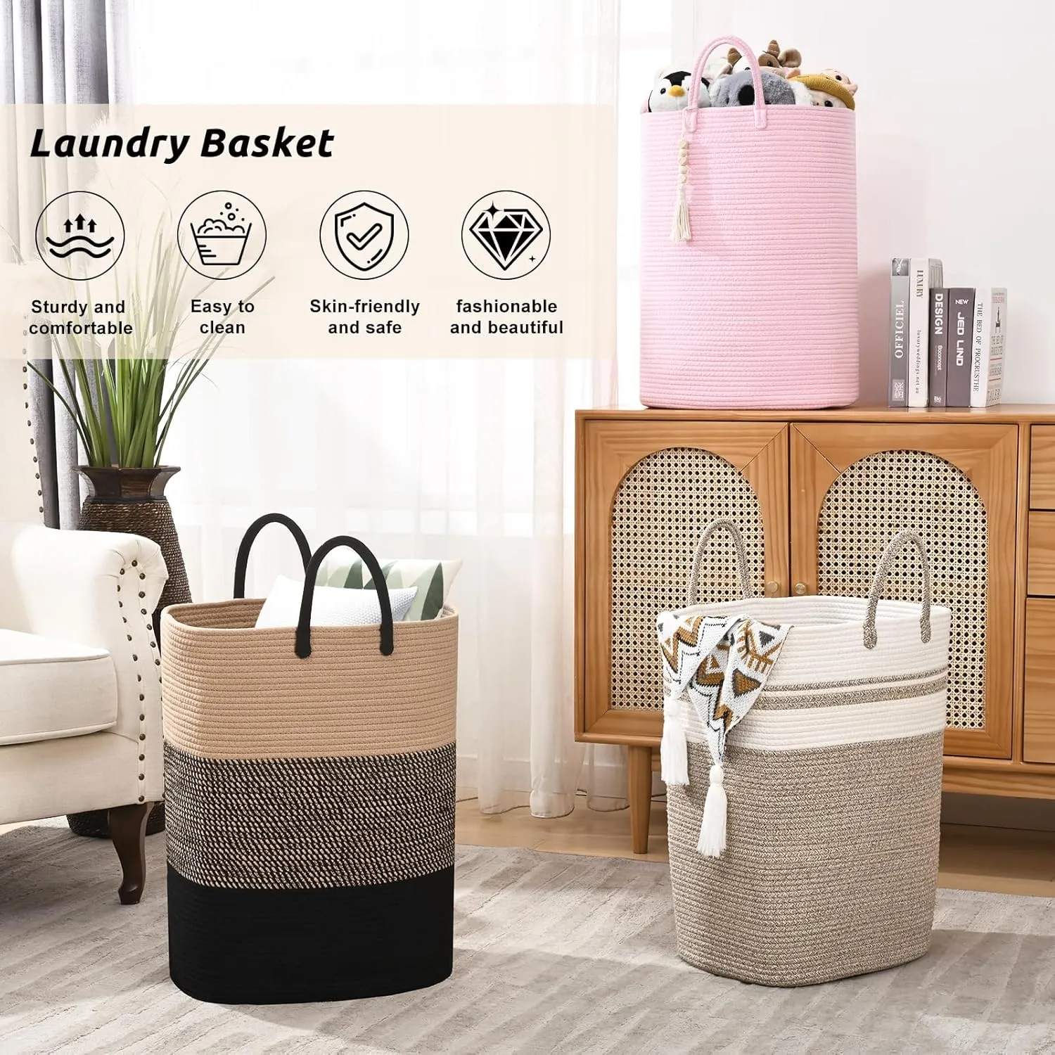 Woven Laundry Basket for Clothes, 65L Large Rectangle Laundry Hampers, Nursery Storage Basket for Toys, Tall Dirty Clothes Hamper for Bedroom Aesthetic, Bathroom, Laundry Room