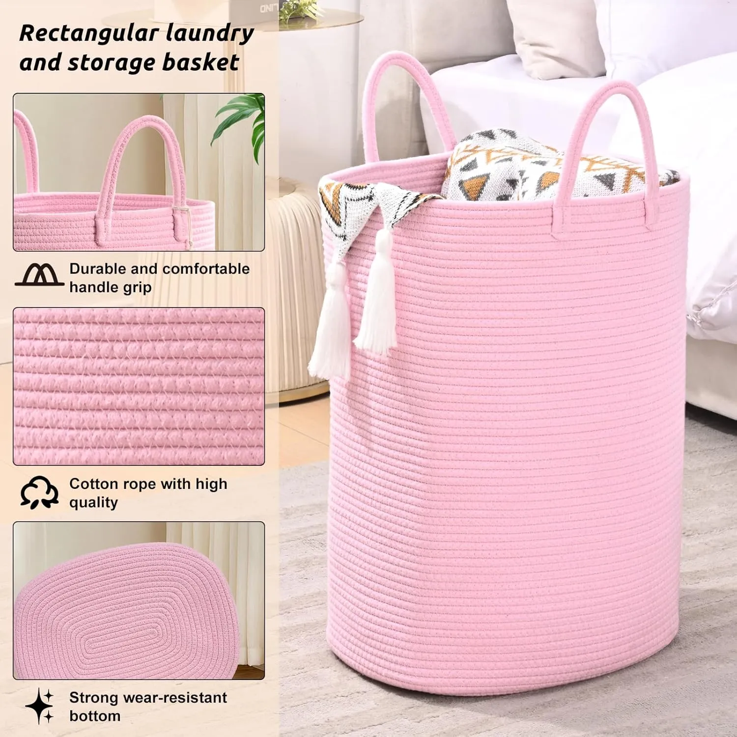 Woven Laundry Basket for Clothes, 65L Large Rectangle Laundry Hampers, Nursery Storage Basket for Toys, Tall Dirty Clothes Hamper for Bedroom Aesthetic, Bathroom, Laundry Room