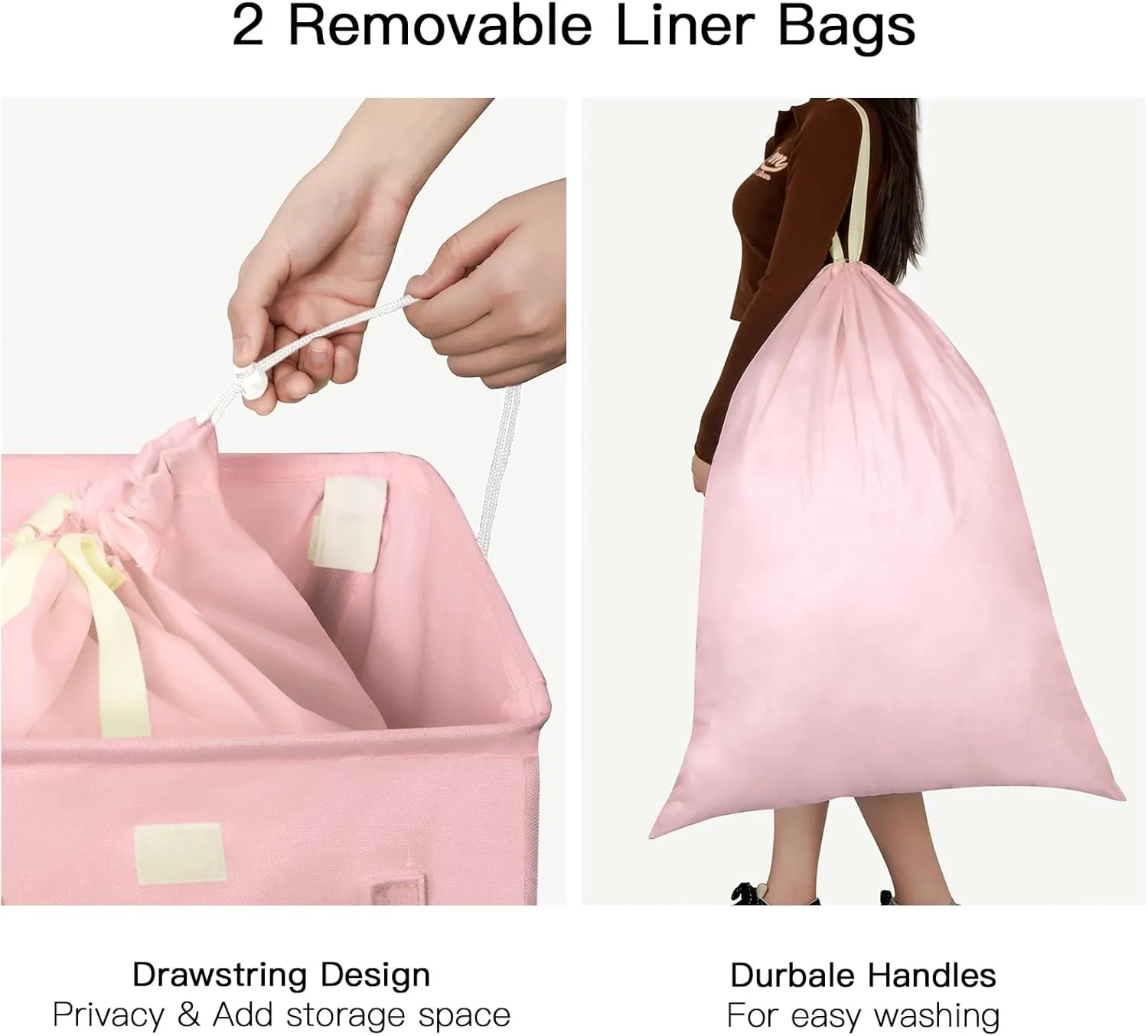 WOWLIVE 100L Laundry Hamper with Lid, Large Foldbale Laundry Basket with 2 Removable Bags and Handles, Tall Collapsible Dirty Clothes Hamper for Laundry Room, Bathroom, Dorm (Pink)