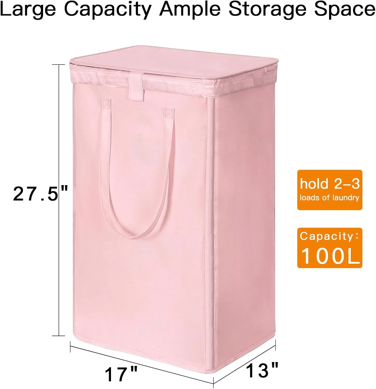 WOWLIVE 100L Laundry Hamper with Lid, Large Foldbale Laundry Basket with 2 Removable Bags and Handles, Tall Collapsible Dirty Clothes Hamper for Laundry Room, Bathroom, Dorm (Pink)