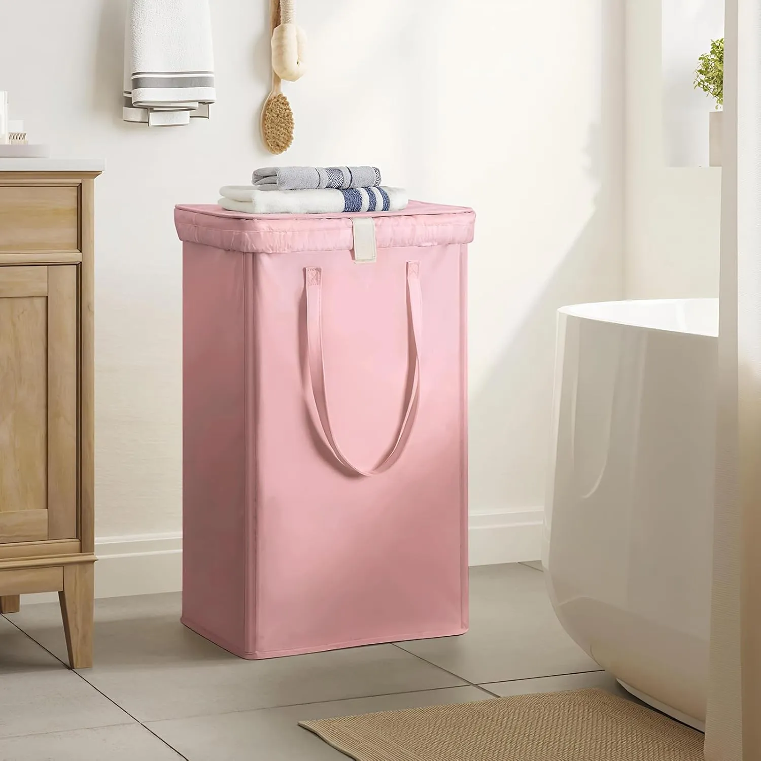 WOWLIVE 100L Laundry Hamper with Lid, Large Foldbale Laundry Basket with 2 Removable Bags and Handles, Tall Collapsible Dirty Clothes Hamper for Laundry Room, Bathroom, Dorm (Pink)