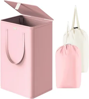 WOWLIVE 100L Laundry Hamper with Lid, Large Foldbale Laundry Basket with 2 Removable Bags and Handles, Tall Collapsible Dirty Clothes Hamper for Laundry Room, Bathroom, Dorm (Pink)