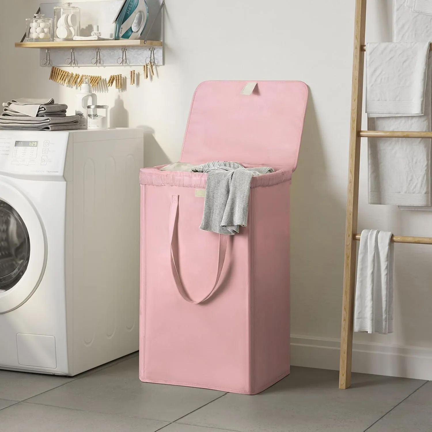 WOWLIVE 100L Laundry Hamper with Lid, Large Foldbale Laundry Basket with 2 Removable Bags and Handles, Tall Collapsible Dirty Clothes Hamper for Laundry Room, Bathroom, Dorm (Pink)