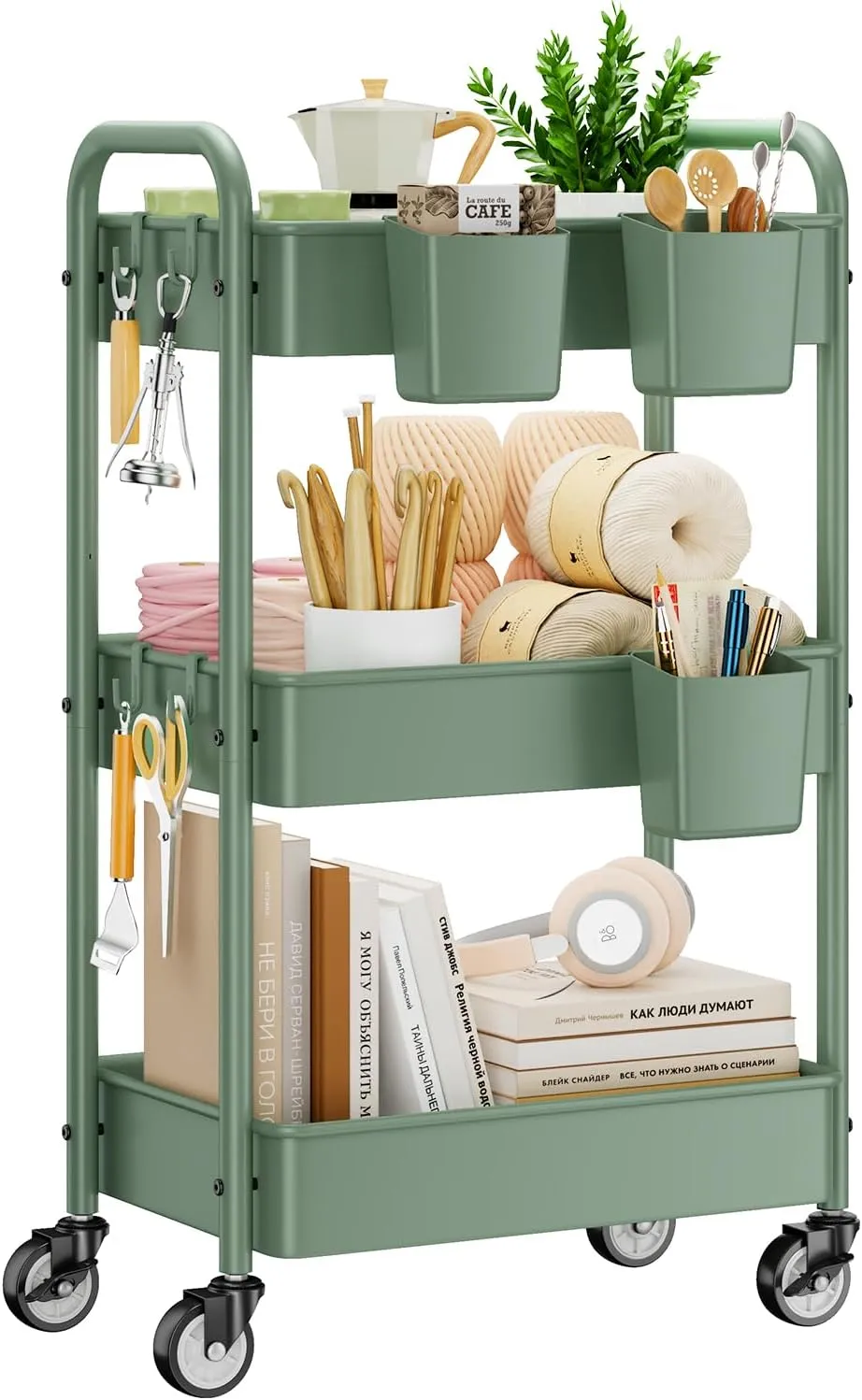 YASONIC 3-Tier Rolling Cart, Green, 66 Pounds Capacity, Mesh Storage Organizer with Lockable Wheels, 3 Hanging Cups, 4 Hooks, Easy Assembly, for Kitchen, Bathroom, Laundry, Grocery