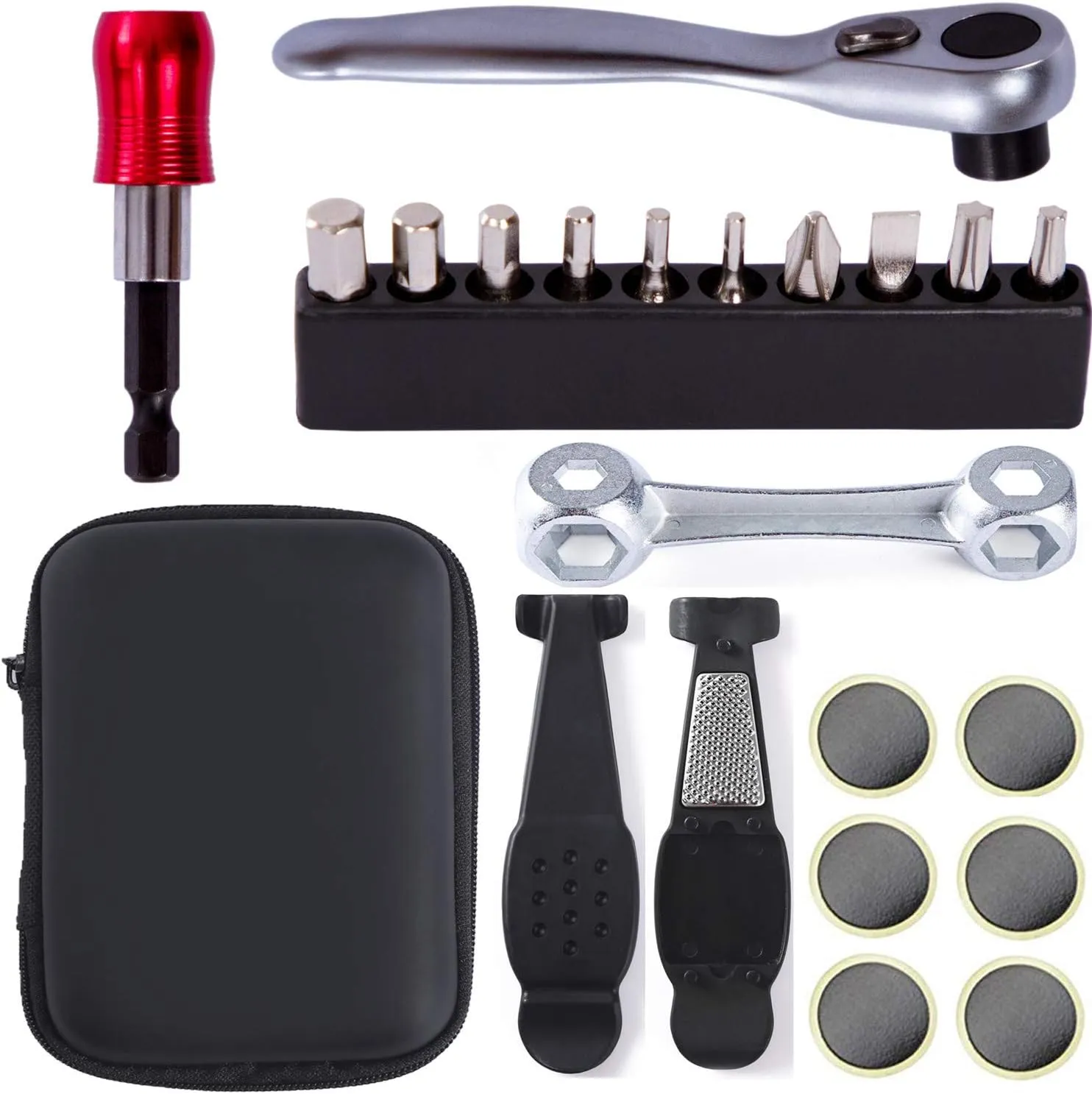 YBEKI Bike Repair Tool Kit Set - Bicycle Multi-Tool Kit with Ratchet Reversible Tool & 10 Tool bits, Bone Wrench, Bike Portable Tool Bag. 6 Month Warranty (Ratchet Tool   tire Tool)