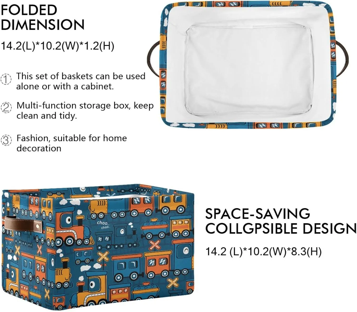 Yellow Blue Steam Locomotive Train Storage Basket Fabric Kitchen Baskets Storage Bins Boxes Foldable Organizer Bags for Baby Cloth Pet Toys Books Shelf Closet Playroom Laundry Baskets 2PCS