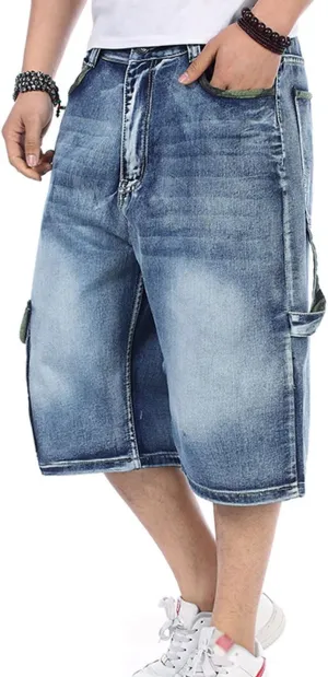 Yeokou Men's Loose Hip Hop Cropped Jeans Work Denim Shorts with Cargo Pockets