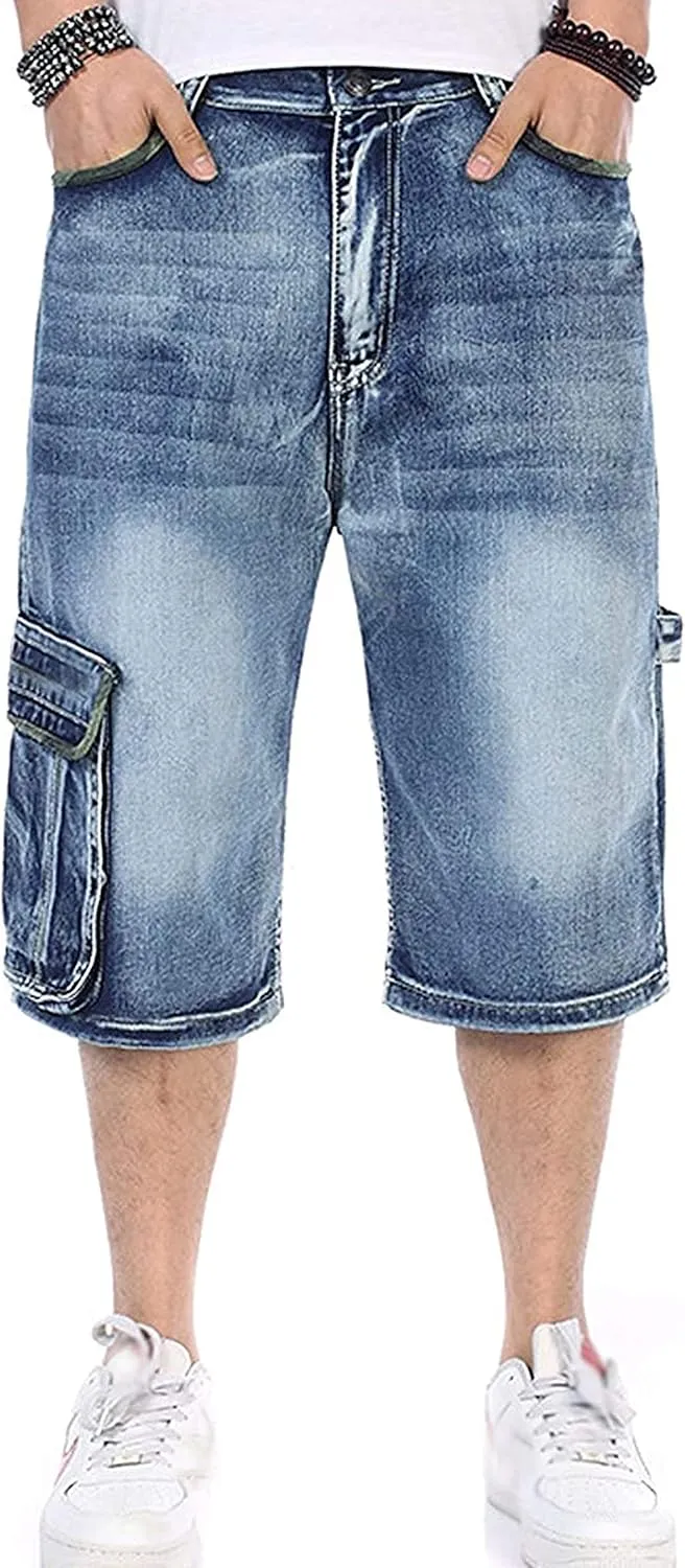 Yeokou Men's Loose Hip Hop Cropped Jeans Work Denim Shorts with Cargo Pockets