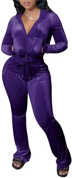 Yeshire Womens 2 Piece Outfits Velvet Sweatsuits Zip-up Hoodie Jacket Casual Jogging Set Tracksuit Set with Pockets