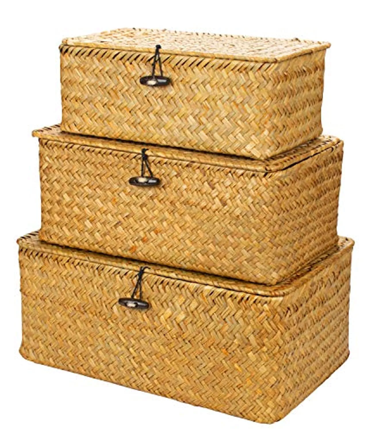 Yesland Woven Wicker Storage Bins with Lid - Set of 3 - Rectangular Seagrass Basket and Storage Basket with Lid - Rattan Storage Organizer and Storage Basket for Shelf Organizer