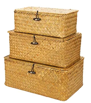 Yesland Woven Wicker Storage Bins with Lid - Set of 3 - Rectangular Seagrass Basket and Storage Basket with Lid - Rattan Storage Organizer and Storage Basket for Shelf Organizer