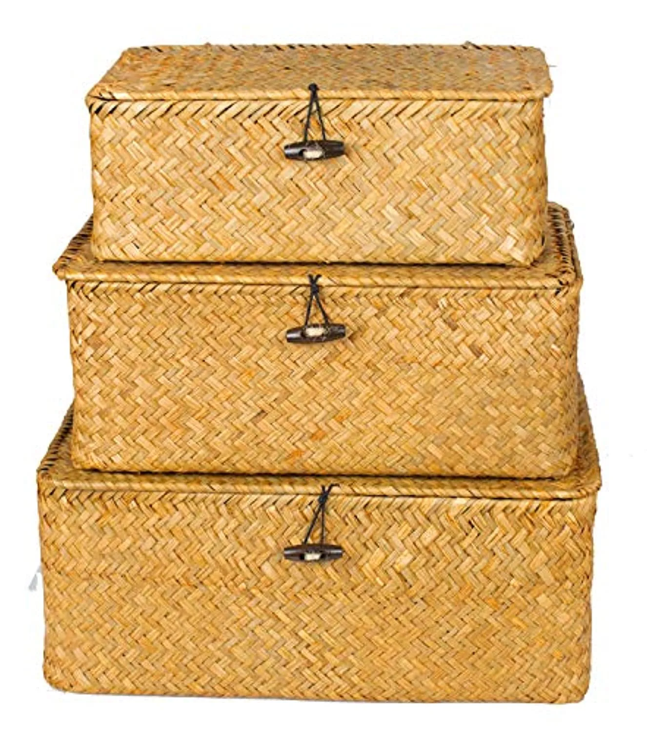 Yesland Woven Wicker Storage Bins with Lid - Set of 3 - Rectangular Seagrass Basket and Storage Basket with Lid - Rattan Storage Organizer and Storage Basket for Shelf Organizer
