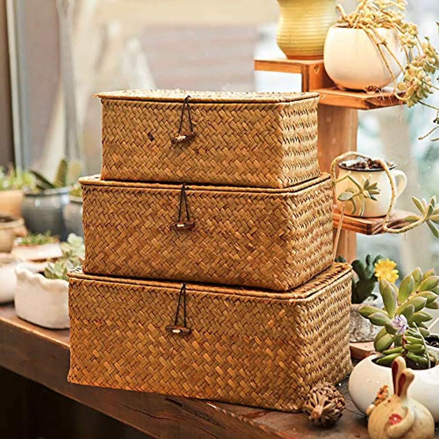 Yesland Woven Wicker Storage Bins with Lid - Set of 3 - Rectangular Seagrass Basket and Storage Basket with Lid - Rattan Storage Organizer and Storage Basket for Shelf Organizer