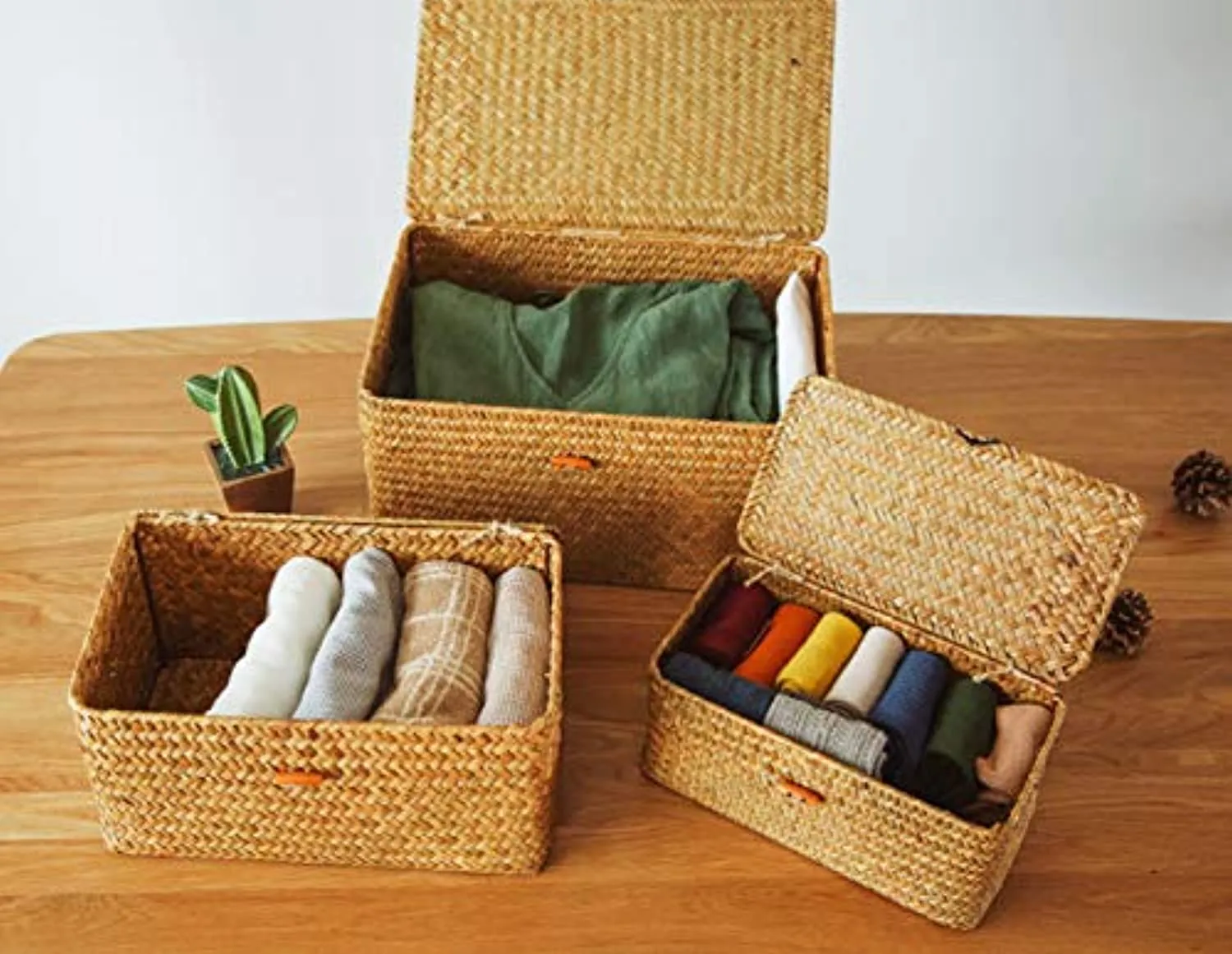 Yesland Woven Wicker Storage Bins with Lid - Set of 3 - Rectangular Seagrass Basket and Storage Basket with Lid - Rattan Storage Organizer and Storage Basket for Shelf Organizer
