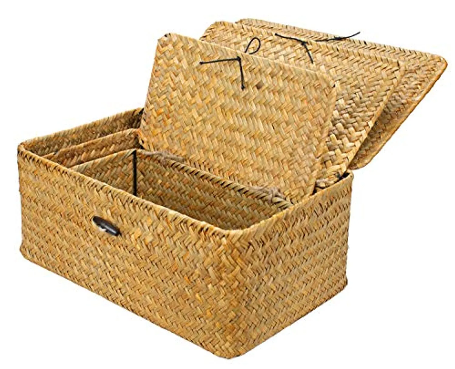 Yesland Woven Wicker Storage Bins with Lid - Set of 3 - Rectangular Seagrass Basket and Storage Basket with Lid - Rattan Storage Organizer and Storage Basket for Shelf Organizer