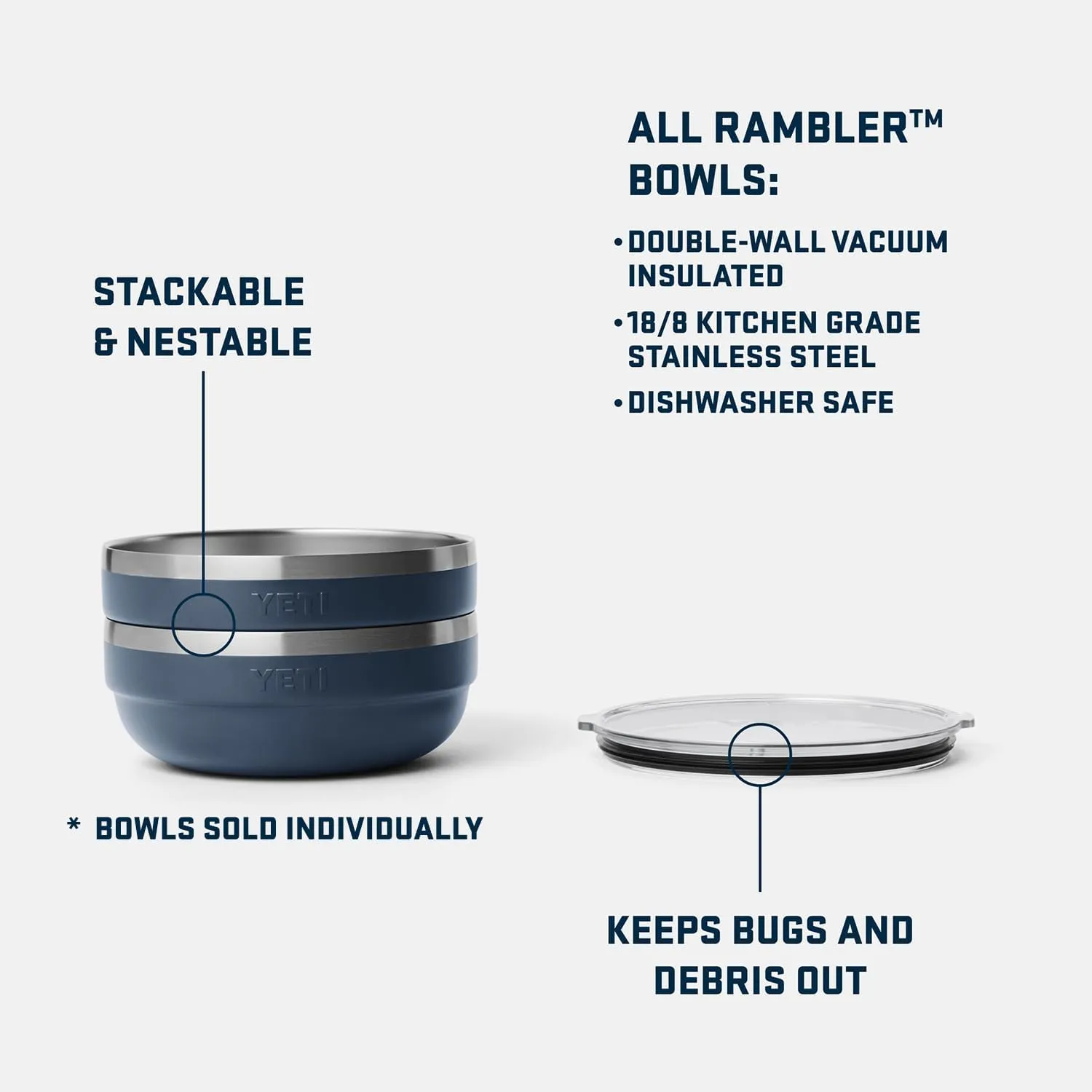 YETI Rambler Low Bowls, Vacuum Insulated, Stackable and Nestable Stainless Steel Bowl with Lid, 1.6 Quart, Navy