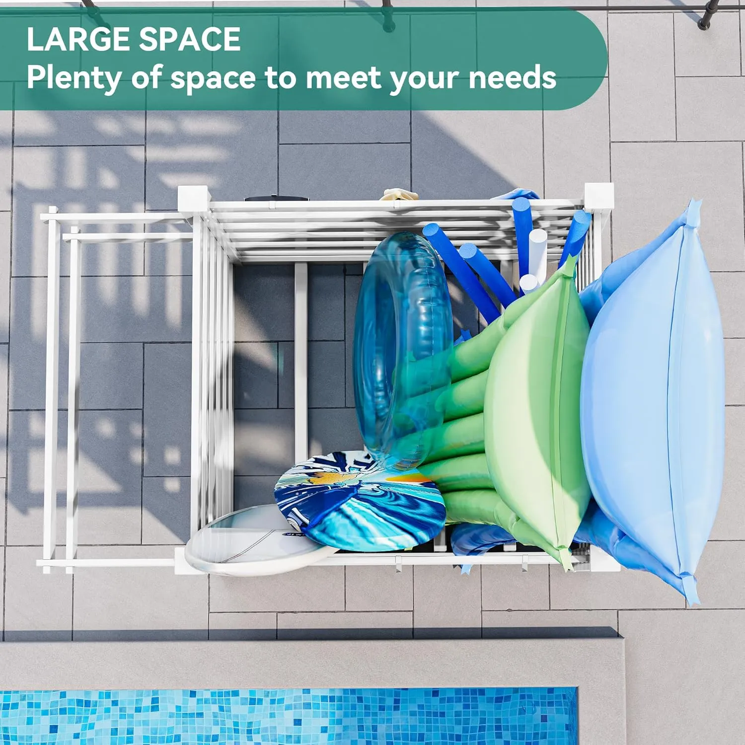 YITAHOME 64" W x 47" L x 39" H Poolside Deckbox Storage Organizer with 6 Movable Hooks, Outdoor Waterproof Pool Storage Bins