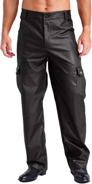 YiZYiF Men Faux Leather Motorcycle Pants Bikers Rider Moto Sports Street Cargo Work Trousers Leggings