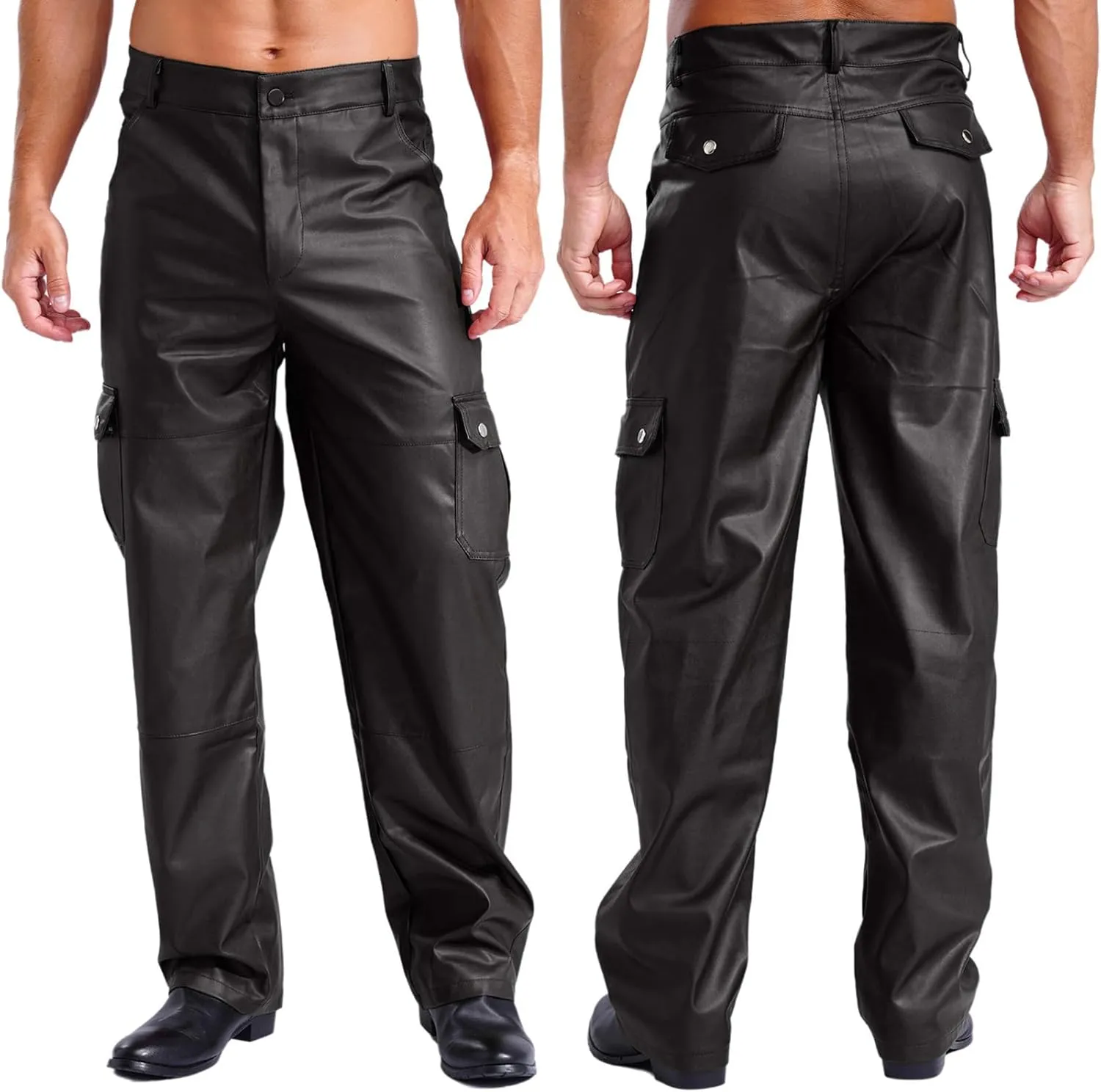 YiZYiF Men Faux Leather Motorcycle Pants Bikers Rider Moto Sports Street Cargo Work Trousers Leggings