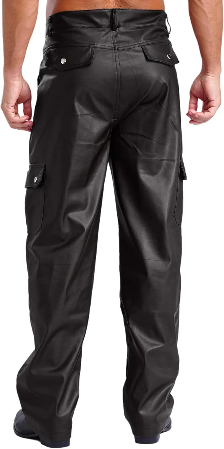 YiZYiF Men Faux Leather Motorcycle Pants Bikers Rider Moto Sports Street Cargo Work Trousers Leggings