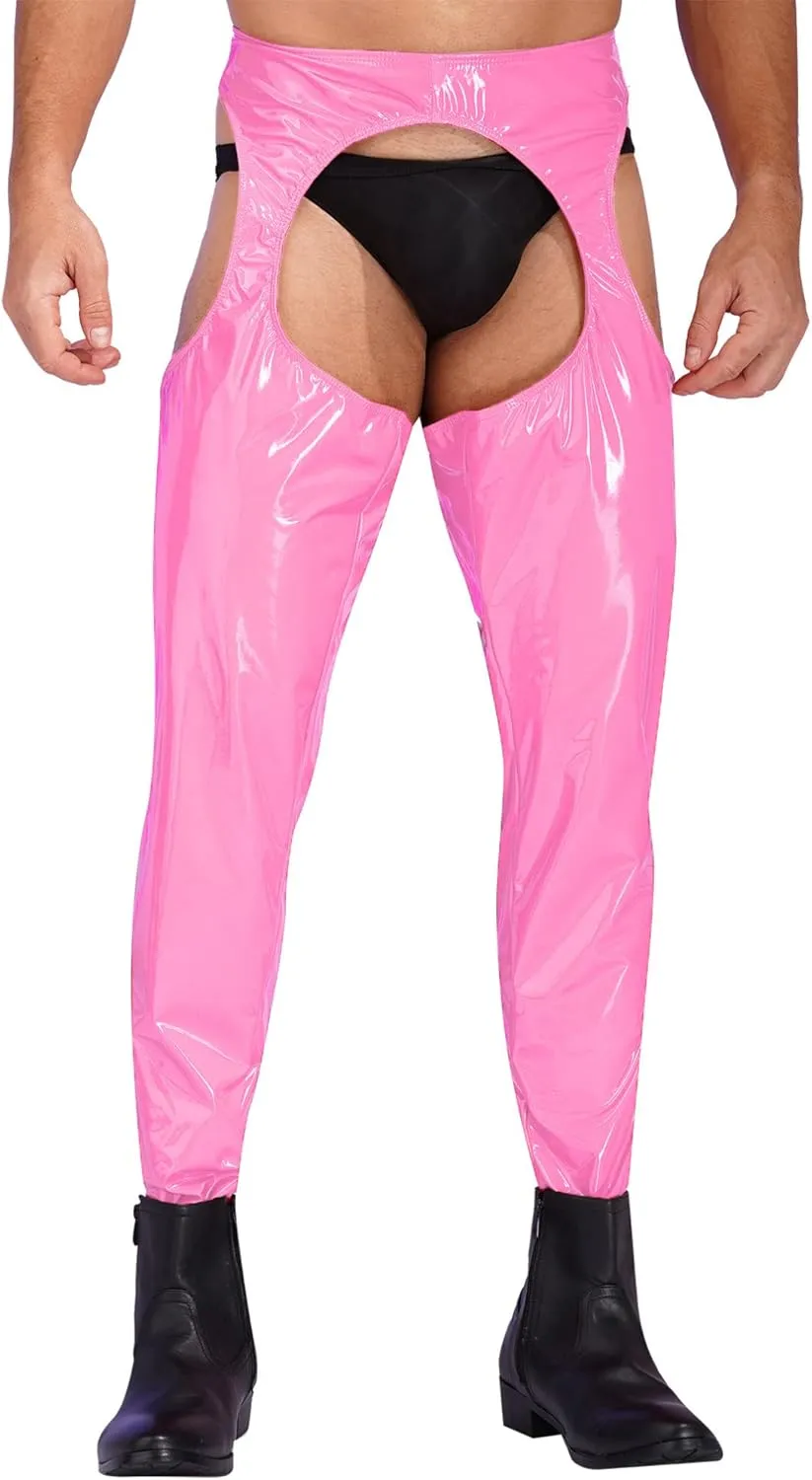 YiZYiF Men's Faux Leather Skinny Leggings Zipper Pouch Hollow Out Long Pants Trousers