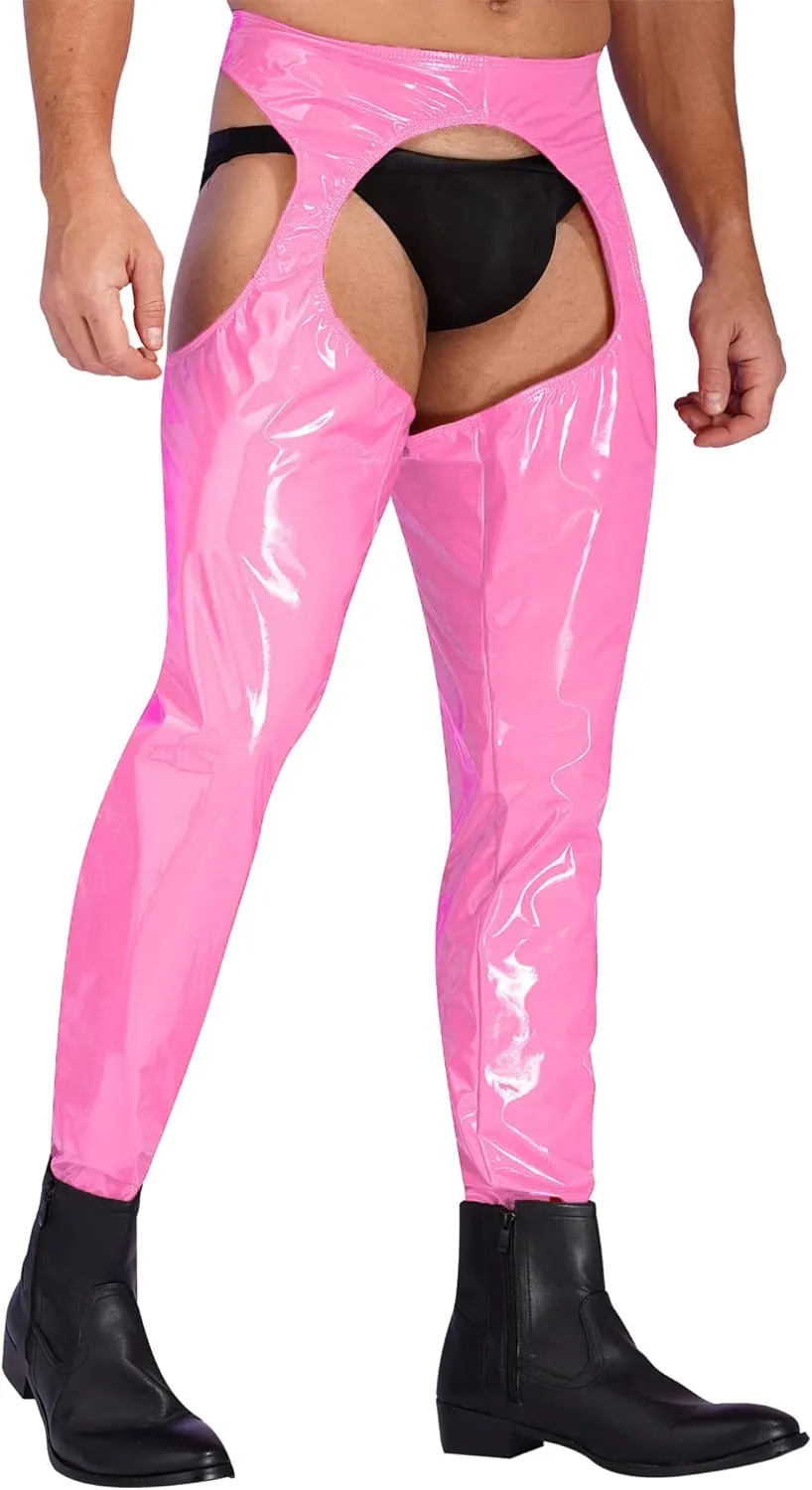 YiZYiF Men's Faux Leather Skinny Leggings Zipper Pouch Hollow Out Long Pants Trousers