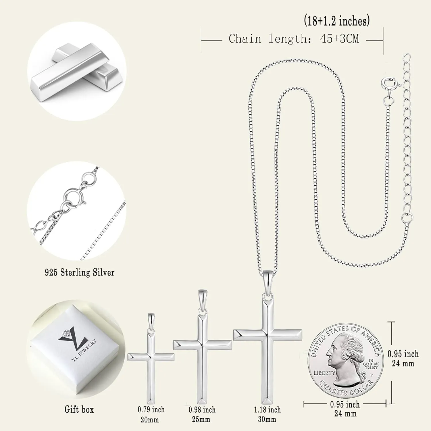YL Cross Necklace for Women Sterling Silver Plain Cross Pendant Necklace Jewelry for Men (0.79"- 1.18")