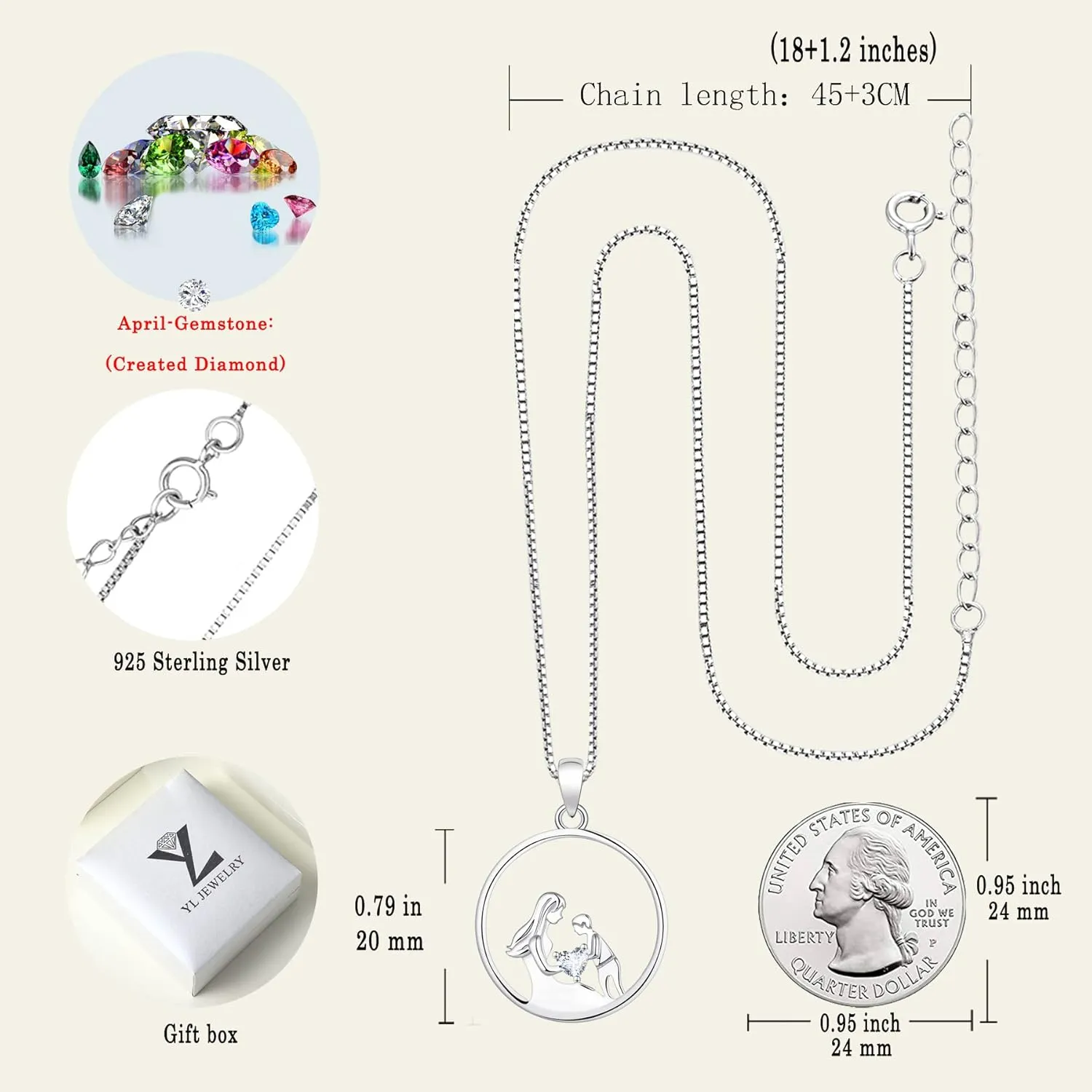 YL Women's Mother Necklace 925 Sterling Silver Round Mum Pendant Birthstone Jewelry for Mom