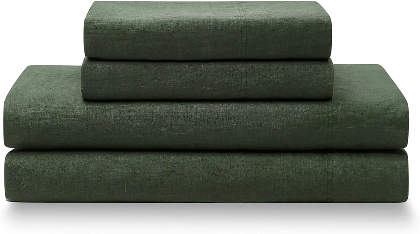 YnM French Linen Sheet Set - Cozy, Skin-Friendly, and Eco-Friendly Pure French Linen Sheets Collection, 3-Piece Set Includes Flat Sheet, Fitted Sheet, and 1 Pillowcases – Twin XL, Army Green
