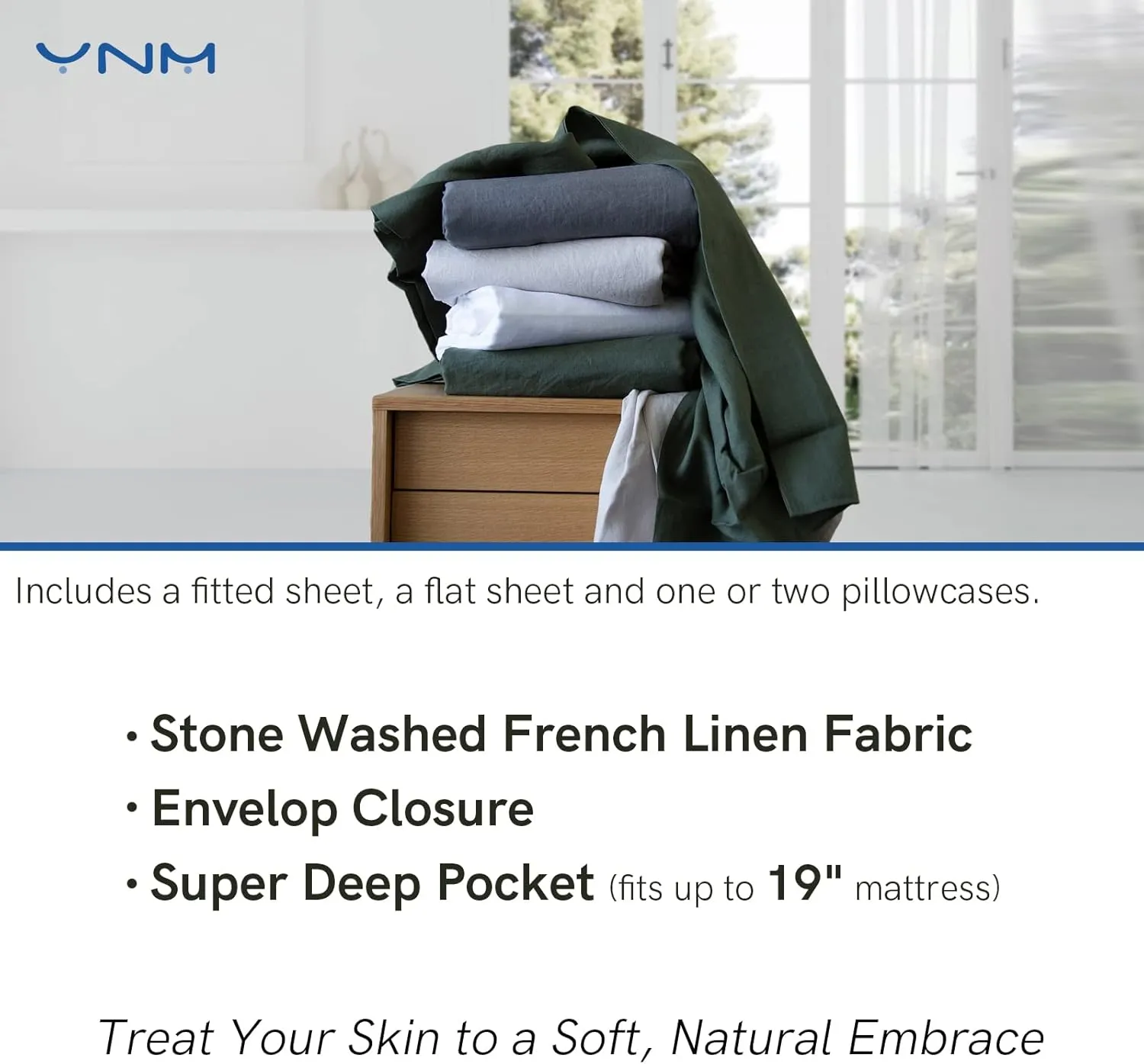 YnM French Linen Sheet Set - Cozy, Skin-Friendly, and Eco-Friendly Pure French Linen Sheets Collection, 3-Piece Set Includes Flat Sheet, Fitted Sheet, and 1 Pillowcases – Twin XL, Army Green