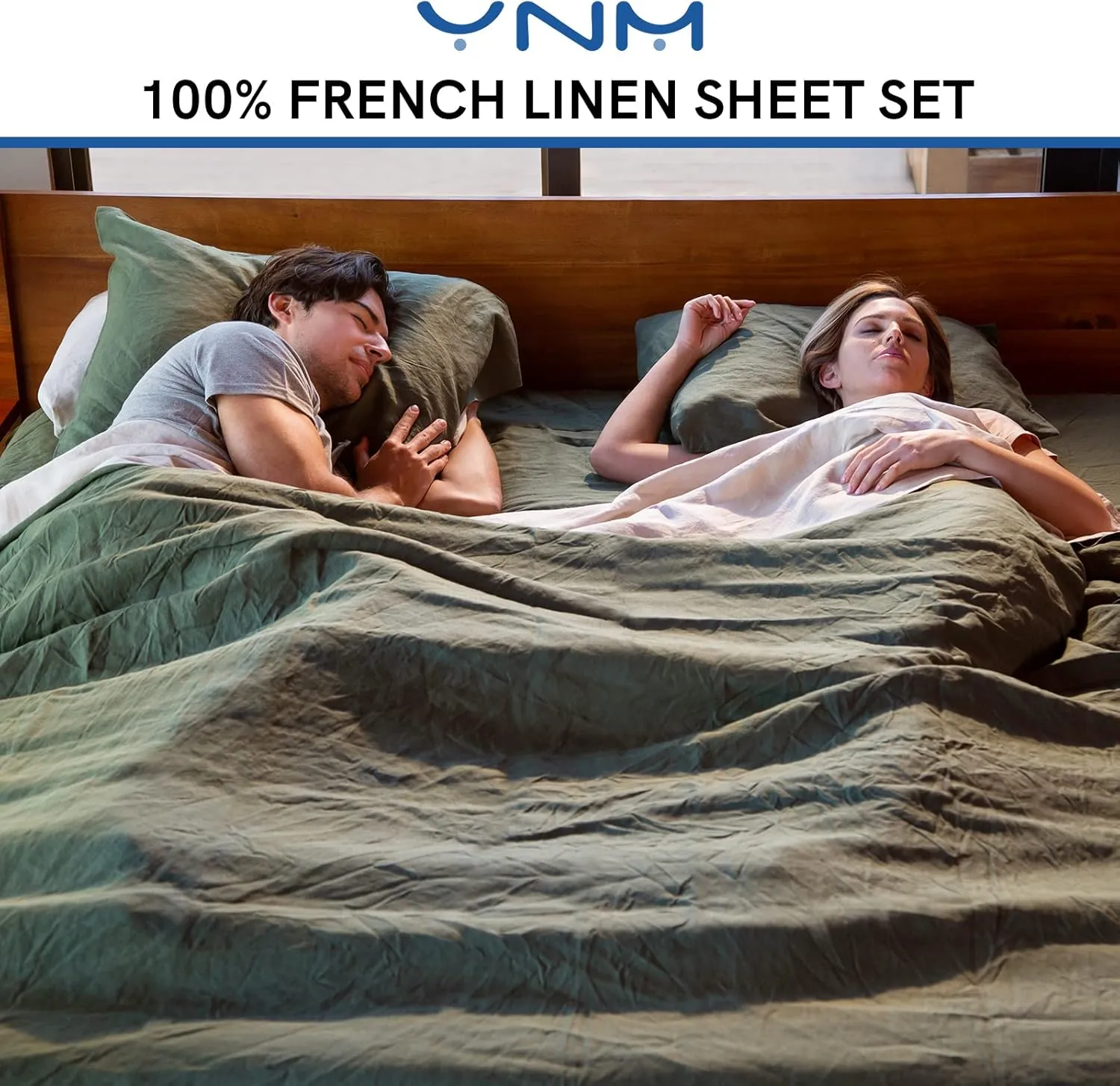 YnM French Linen Sheet Set - Cozy, Skin-Friendly, and Eco-Friendly Pure French Linen Sheets Collection, 3-Piece Set Includes Flat Sheet, Fitted Sheet, and 1 Pillowcases – Twin XL, Army Green