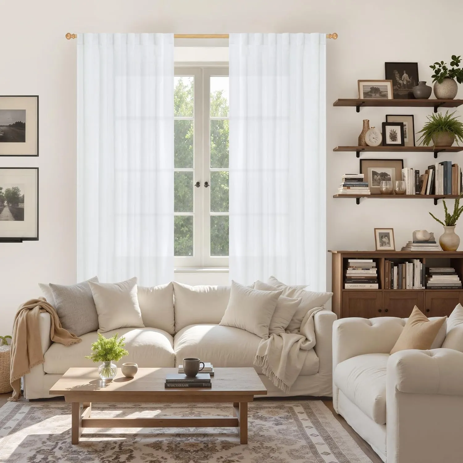 YoungsTex 72 Inch Length White Curtains for Living Room 2 Panels, Rod Pocket Light Filtering Sheer Drapes for Bedroom Dining Room Office Back Tab Curtain, 52 X 72 Inch