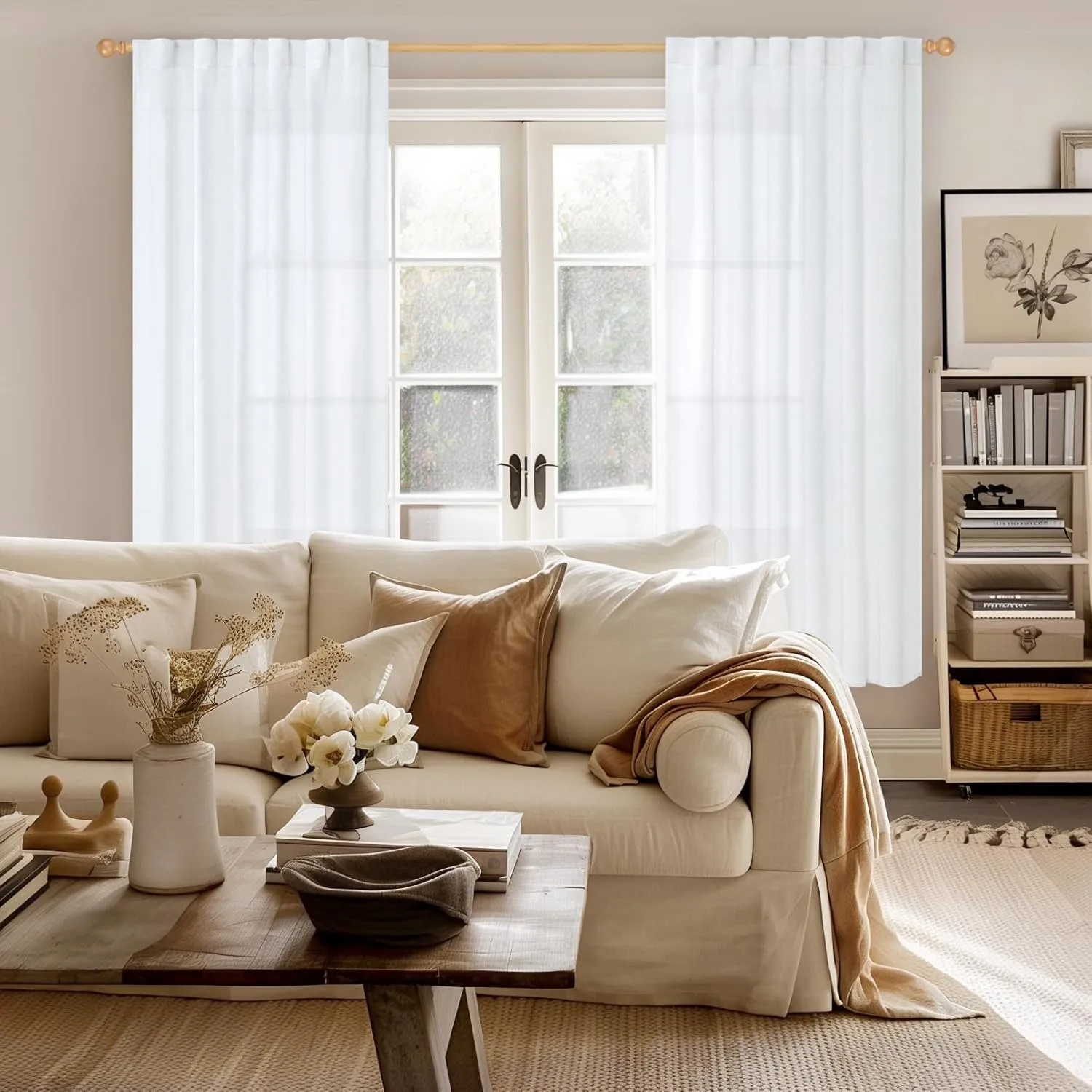 YoungsTex 72 Inch Length White Curtains for Living Room 2 Panels, Rod Pocket Light Filtering Sheer Drapes for Bedroom Dining Room Office Back Tab Curtain, 52 X 72 Inch