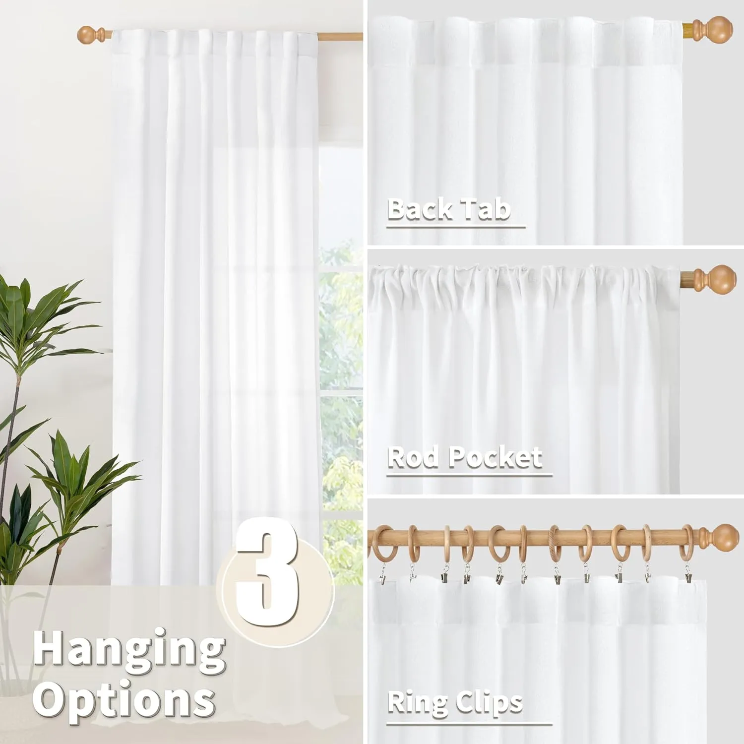 YoungsTex 72 Inch Length White Curtains for Living Room 2 Panels, Rod Pocket Light Filtering Sheer Drapes for Bedroom Dining Room Office Back Tab Curtain, 52 X 72 Inch