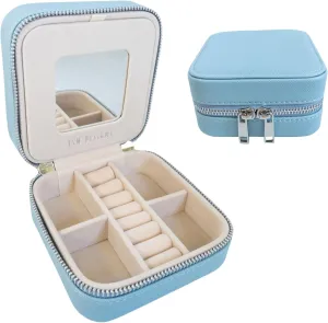 YSM Designs Travel Jewelry Organizer Box, Travel Jewelry Case | Small Jewelry Box for Women, Jewelry Travel Case | Earring Organizer Box with Mirror (Chambray Blue)