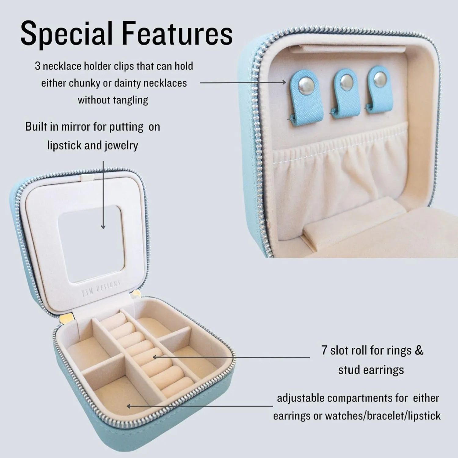 YSM Designs Travel Jewelry Organizer Box, Travel Jewelry Case | Small Jewelry Box for Women, Jewelry Travel Case | Earring Organizer Box with Mirror (Chambray Blue)