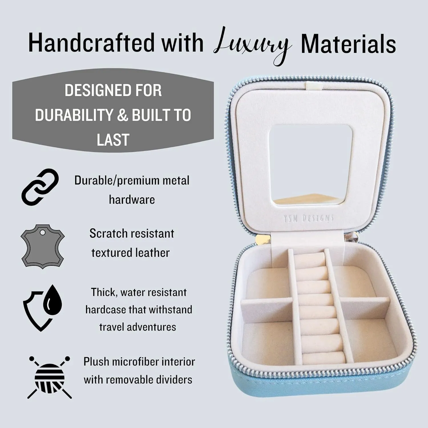YSM Designs Travel Jewelry Organizer Box, Travel Jewelry Case | Small Jewelry Box for Women, Jewelry Travel Case | Earring Organizer Box with Mirror (Chambray Blue)